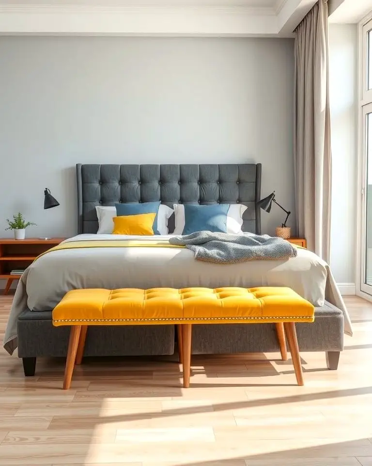 Yellow Bench at the Foot of a Grey Bed