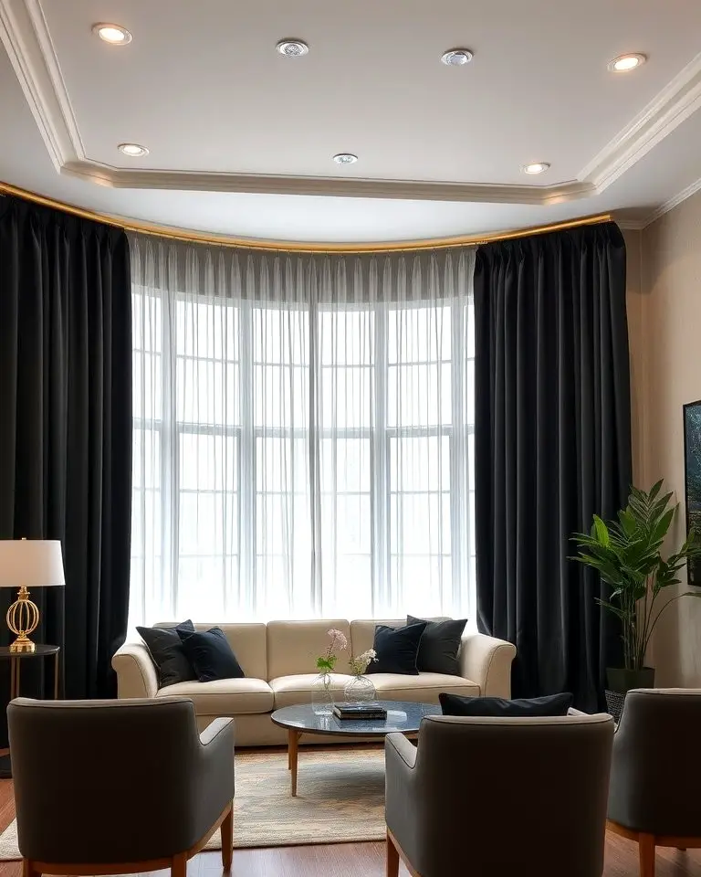 Gold Drapery Rods with Black Curtains