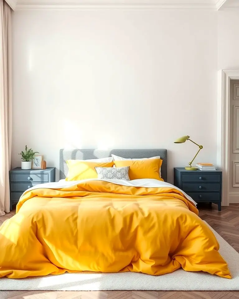 Yellow Duvet with Grey Nightstands