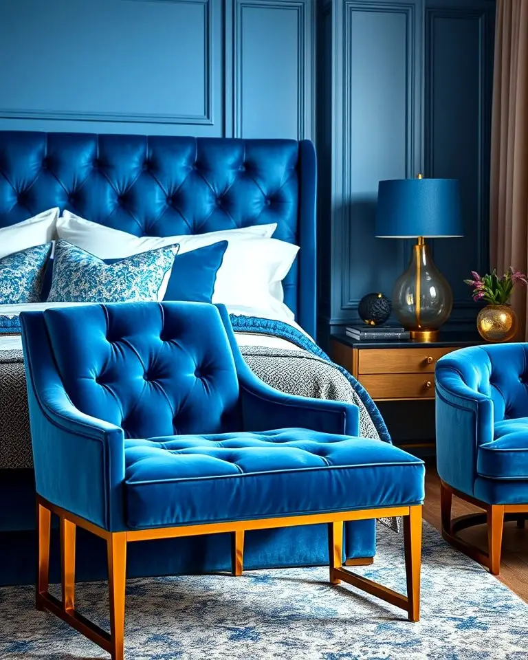 Blue Velvet Upholstered Furniture with Gold Legs
