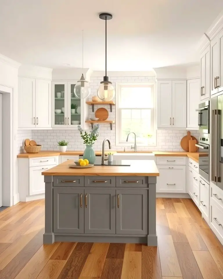 Bright and Airy White Cabinets with a Warm Grey Island