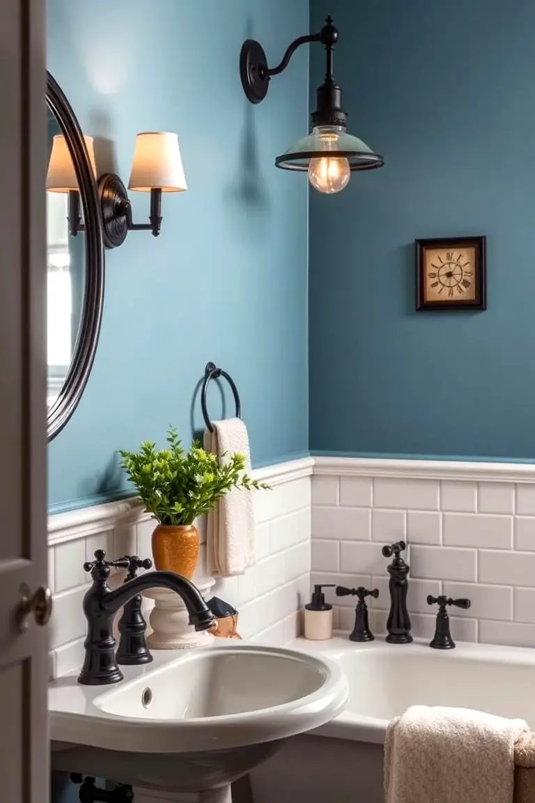 Vintage Black Fixtures Complemented by Blue Walls