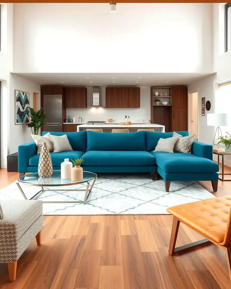 Teal Couch with Open Space Layout