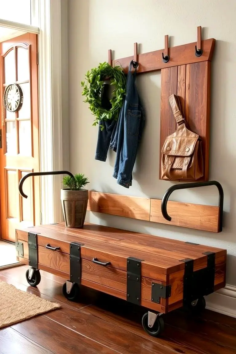 Vintage Industrial Bench with Wheels